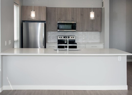 Joel floor plan, beautiful finishes, quartz countertops, modern backsplash at Urban Park I and II Apartments, St Louis Park, MN