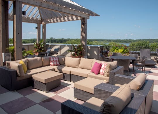 Rooftop patio sectional seating at Victoria Flat, Victoria, 55386