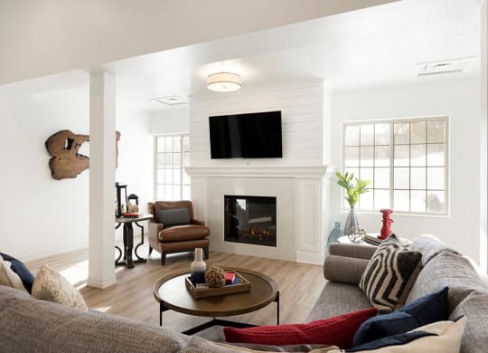 Large electric fireplace in clubroom of Waterstone Place, Minnetonka, MN 55305