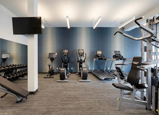 Free weights and decline and dumbbell benches in fitness center in Minnetonka apartment at Waterstone Place in MN