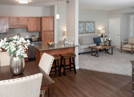 view from entry door, dining, kitchen, living room