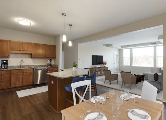Open Living Room , Kitchen and Dining Area at Waterstone Place in Minnetonka, MN 55305