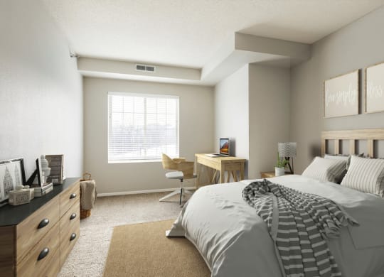 Stylish Bedroom with Desk at Waterstone Place in Minnetonka, Minsesota