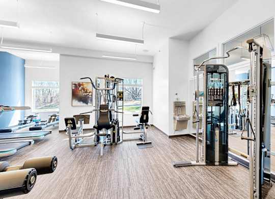 A gym with a variety of equipment including treadmills, weights, and exercise machines.