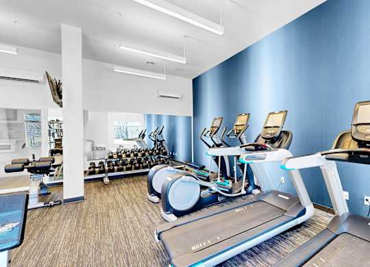A gym with treadmills, elliptical machines, and other exercise equipment.