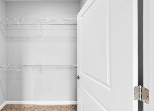 Empty white closet with a door open.