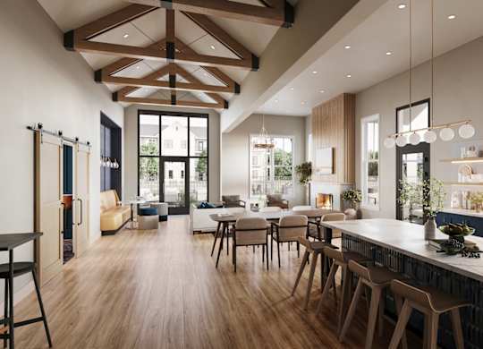 Open concept kitchen and dining area with vaulted ceilings at Wildwood Lakeville Apartments, Minnesota