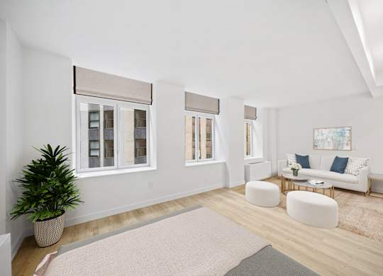 A living room with a white couch, a potted plant, and a rug at Aria, New York, 10038