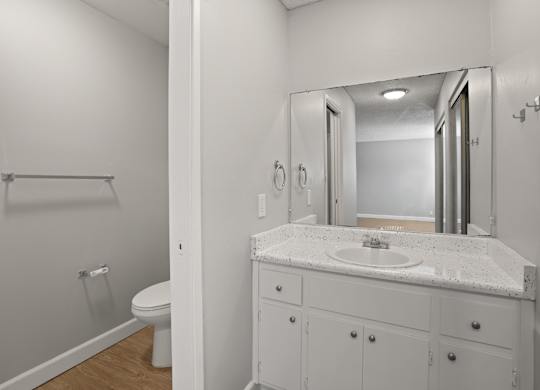 A bathroom with a toilet, sink, and mirror.