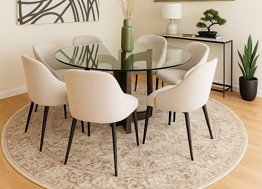 A modern dining room with a glass table and white chairs.