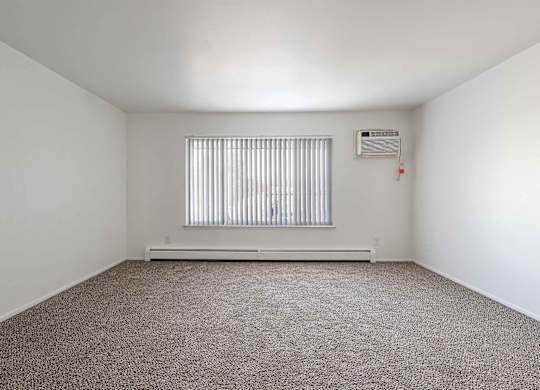 A room with a carpeted floor and a window with blinds.