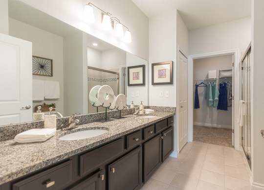 a bathroom with two sinks and a large mirror