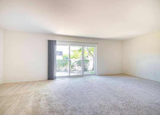 A room with a carpeted floor and a sliding glass door leading to a patio.