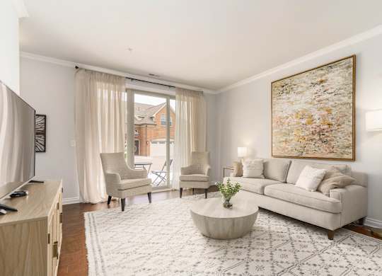 a living room with a couch and a tv and a rug
