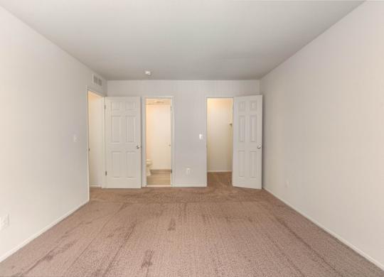 A room with white walls and carpeted floor with three white doors.