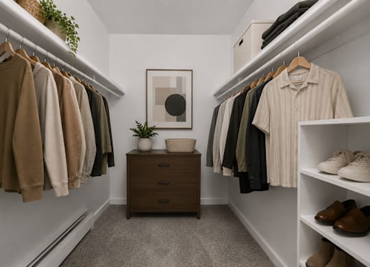 A well-organized closet with clothes and shoes neatly arranged.