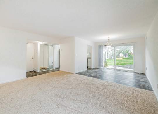 A large, empty room with a carpeted floor and sliding glass doors.