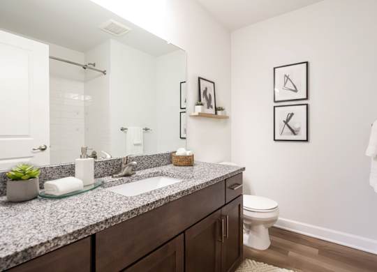 A bathroom with a granite countertop and a white toilet.