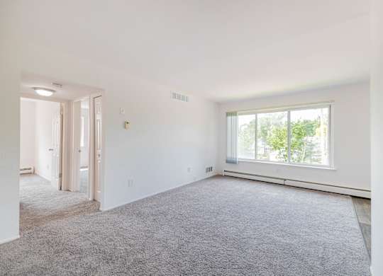 A large, empty room with a carpeted floor and a window.