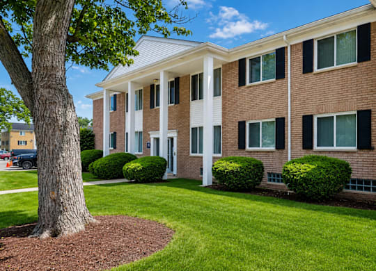 A tree is in front of a building with a white roof.