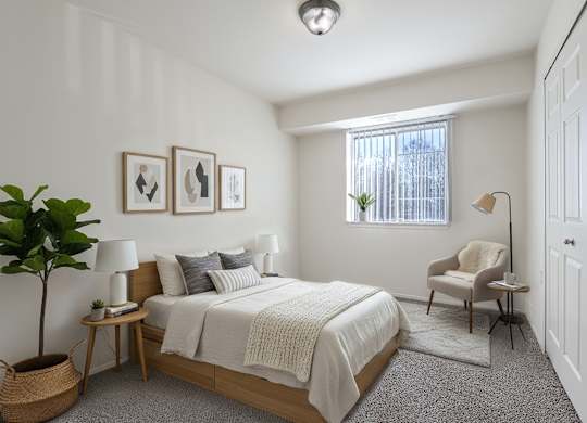 A bedroom with a bed, chair, and a plant.
