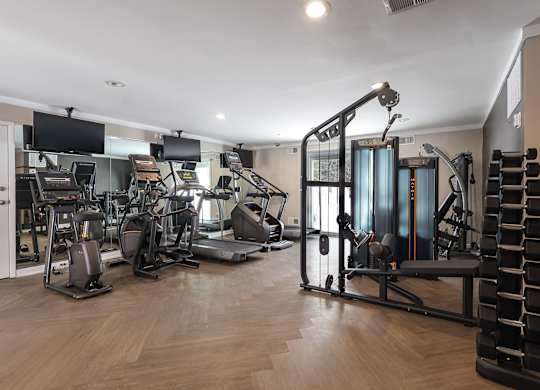 A well-equipped gym with a variety of exercise machines.