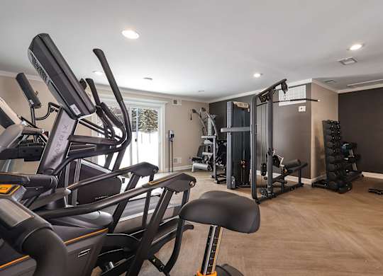 A home gym with treadmills, weights, and exercise equipment.