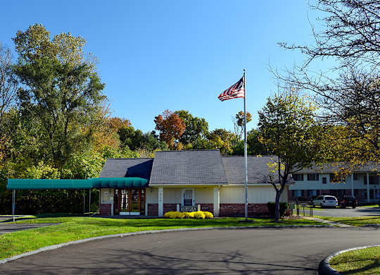 A building with a flag on top is surrounded by trees.