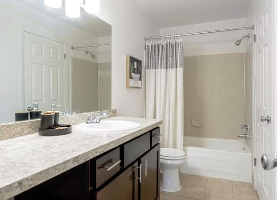 A bathroom with a sink, toilet, and bathtub.