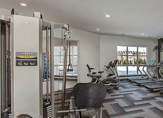 A gym with treadmills, weights and exercise machines.