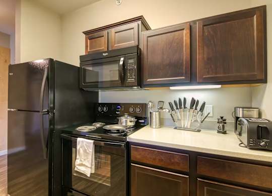 A kitchen with a black refrigerator and wooden cabinets.