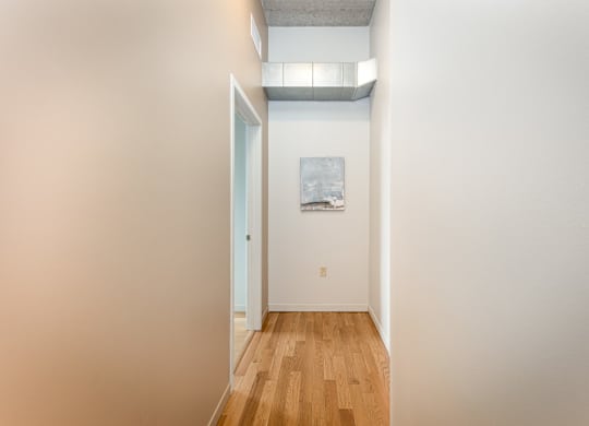 A hallway with a painting on the wall and a door on the left.