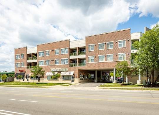 A large brick building with a green tree in front.