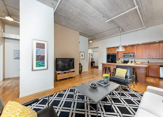 A living room with a black and white rug and a grey coffee table.