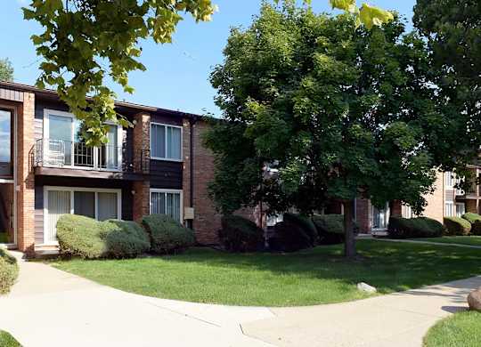 A tree in front of a building with a grassy area in front of it.