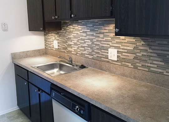 A kitchen with a sink and cabinets.