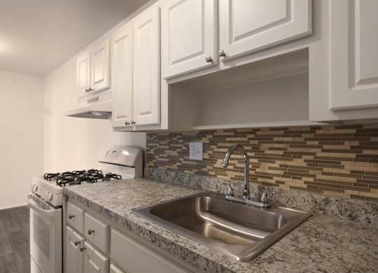 A kitchen with a stove, sink, and cabinets.