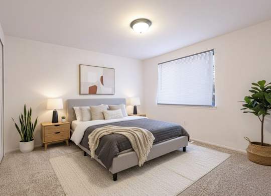 A bedroom with a bed, nightstand, and a plant.