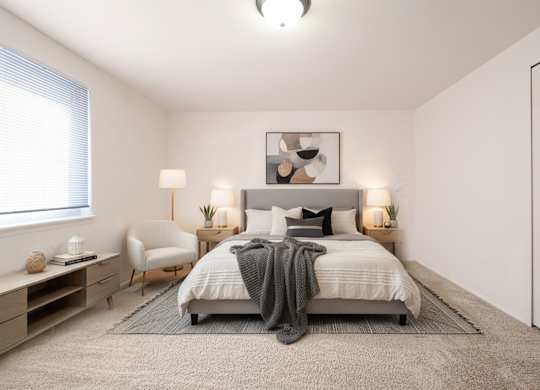 A bedroom with a bed, chair, and nightstands.