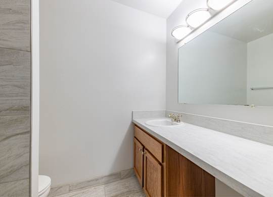 A bathroom with a white counter and a mirror.