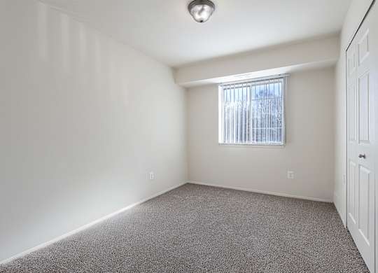 A white room with a carpeted floor and a window with blinds.