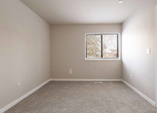 A room with a carpeted floor and a window with blinds.