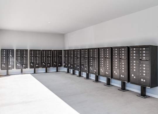 A series of black panels with white text are lined up in a room.