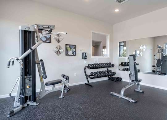 A spacious home gym with a variety of equipment including a treadmill, weights, and exercise machines.