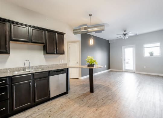 an empty kitchen and living room with black cabinets and a counter top