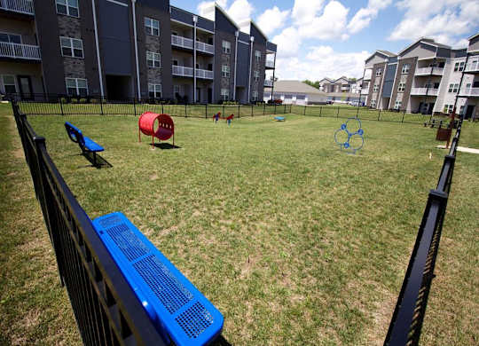 a dog park with agility equipment in front of an apartment building