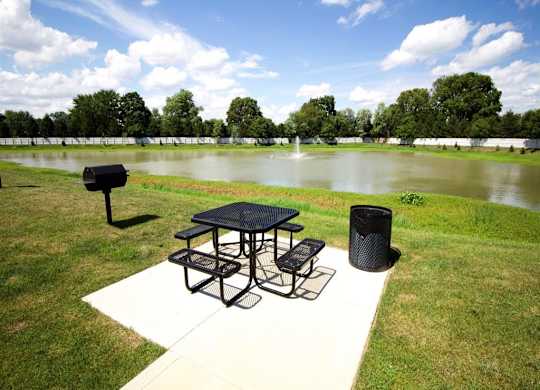 a picnic area with a table and a grill next to a pond
