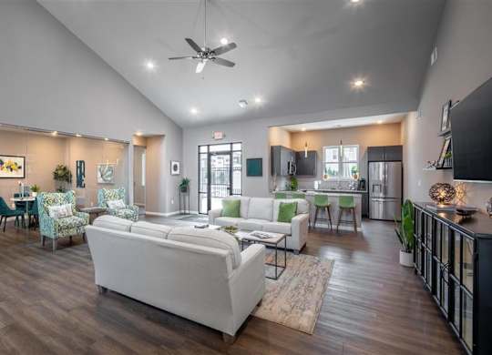 a living room with a couch and a table