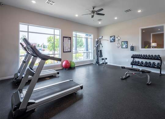 a gym with treadmills and balls on the floor