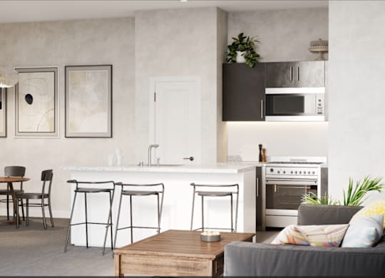A modern kitchen with a dining table and chairs.